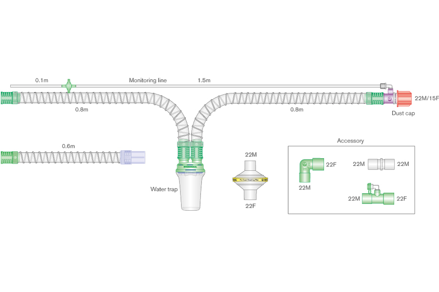 22mm Smoothbore bilevel breathing system with monitoring line with filter, water trap, swivel CO₂ leak port and extra limb. ≥ 1.6m