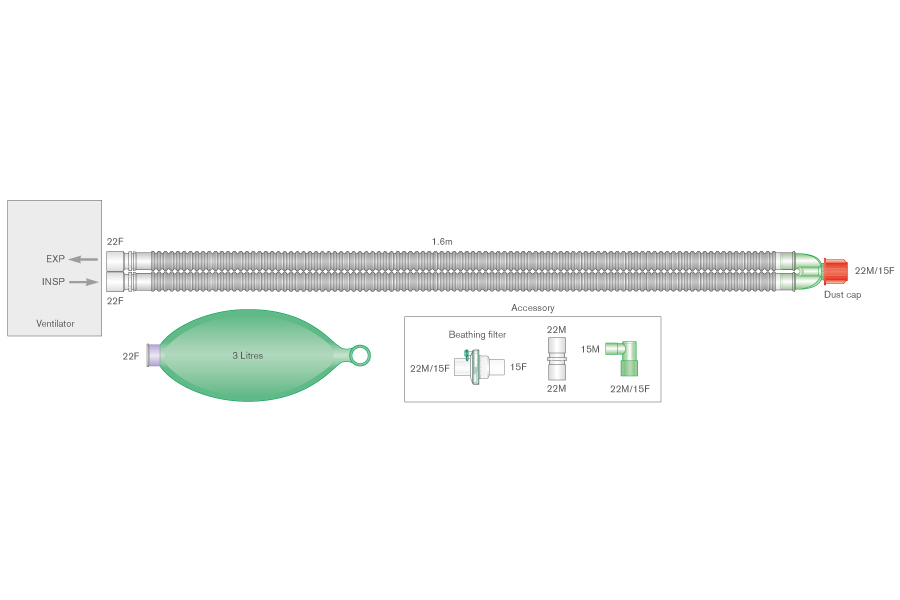 22mm Flextube™ breathing system with 3 L bag, elbow, and HMEF, ≥ 1.6m sterile