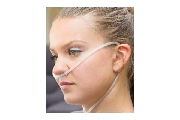 Dual lumen, adult, nasal cannula with curved prongs and tube, 1.25m